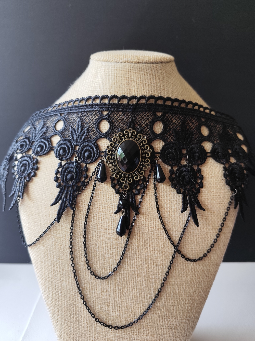 3/$25💙Victorian Black Lace Choker with Gem and Chain Trim - Picture 2 of 6